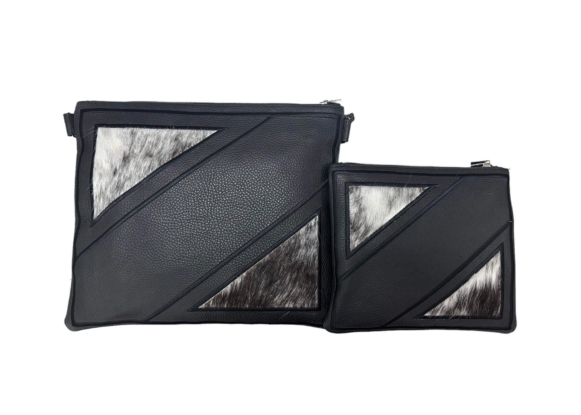 Premium Black Leather Tallit & Tefillin Bag Set with White Fur Corner Accents