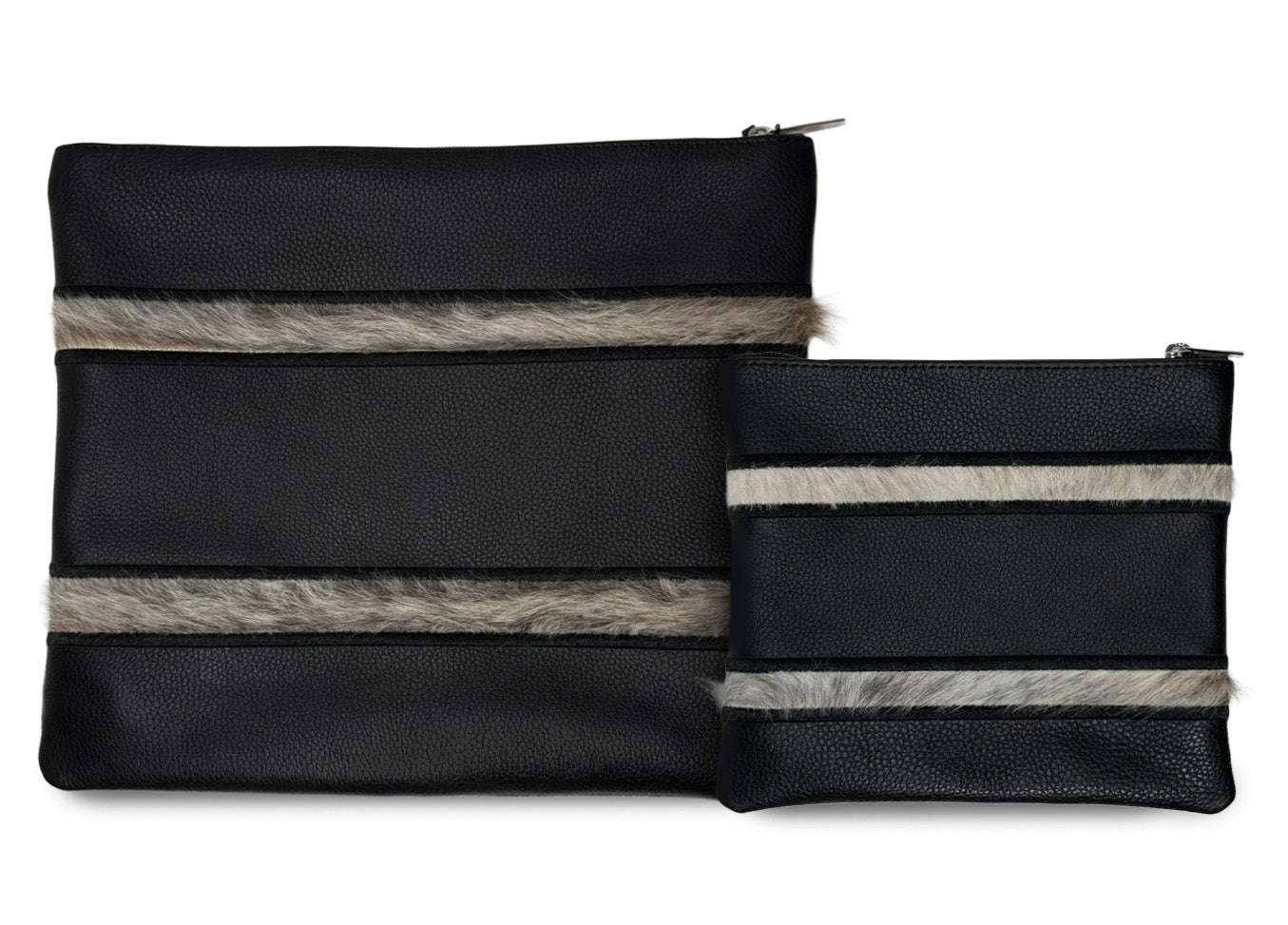 Premium Black Leather Tallit & Tefillin Bag Set with Gray & White Cowhide Fur Stripe Accents