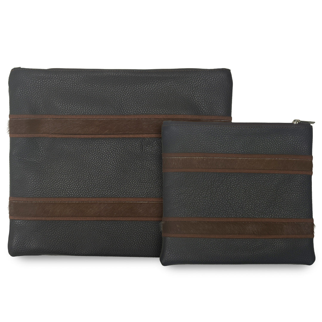 Premium Dark Brown Leather Tallit & Tefillin Bag Set with Brown Cowhide Fur Stripe Accents