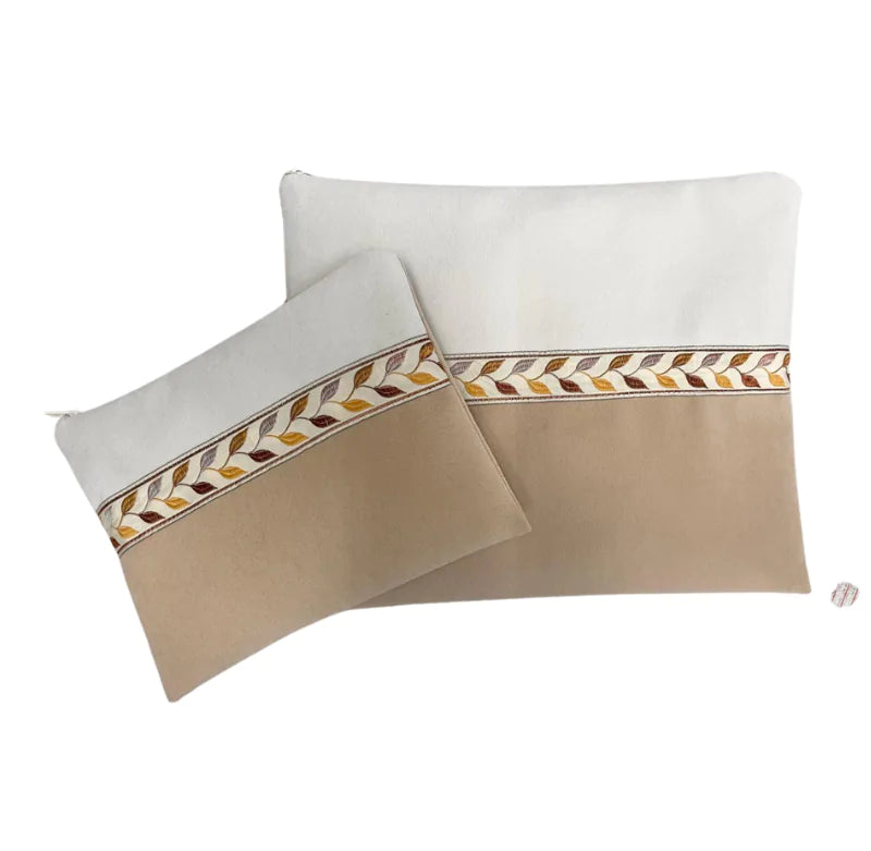 Handmade Impala Fabric Tallit & Tefillin Bag Set – Light Brown & White with Leaf Embroidered Stripe (Copy)