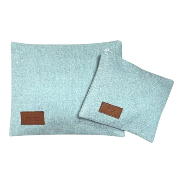 Handmade Linen Tallit & Tefillin Bag Set – Light Blue with Embossed Leather Patch