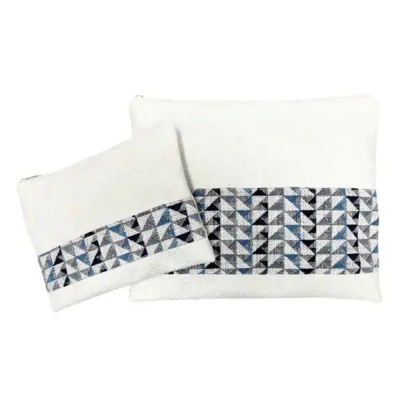 Handmade Linen Tallit & Tefillin Bag Set – White with Geometric Triangle Stripe (Black, Gray & Blue