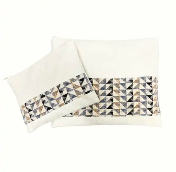 Handmade Linen Tallit & Tefillin Bag Set – White Linen with Modern Triangle Pattern (Black, Gray & Mustard)