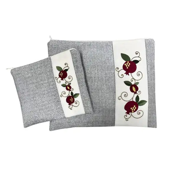 Handmade Linen Tallit & Tefillin Bag Set – Beige with Pomegranate Embroidery