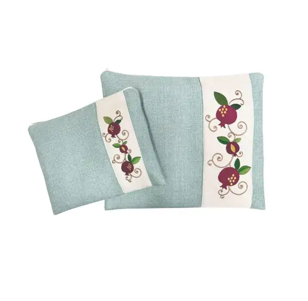 Handmade Linen Tallit & Tefillin Bag Set – Light Blue with Pomegranate Embroidery