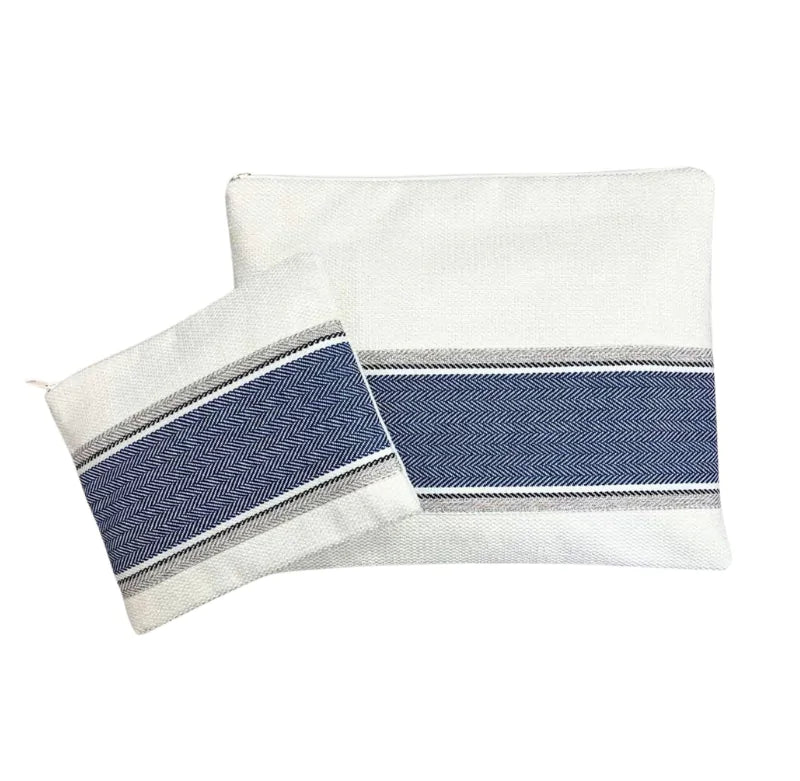 Handmade Linen Tallit & Tefillin Bag Set – White Design with Blue Stripe