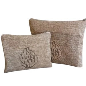 Linen Tallit & Tefillin Bag Set – Flame Logo with “Tikkun HaKlali” Laser Engraved Design