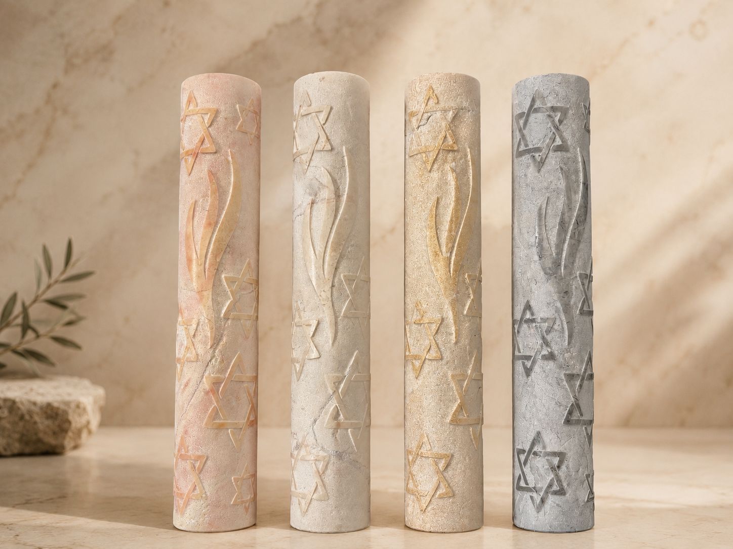 Jerusalem Stone Mezuzah Case – Shin & Stars of David Engraved Design
