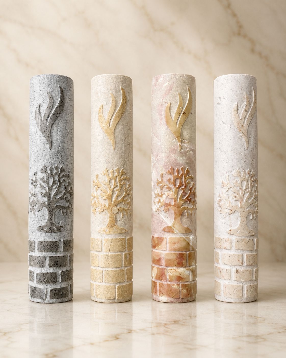 Rounded Jerusalem Stone Mezuzah Case – Shin & Tree of Life Engraved Design