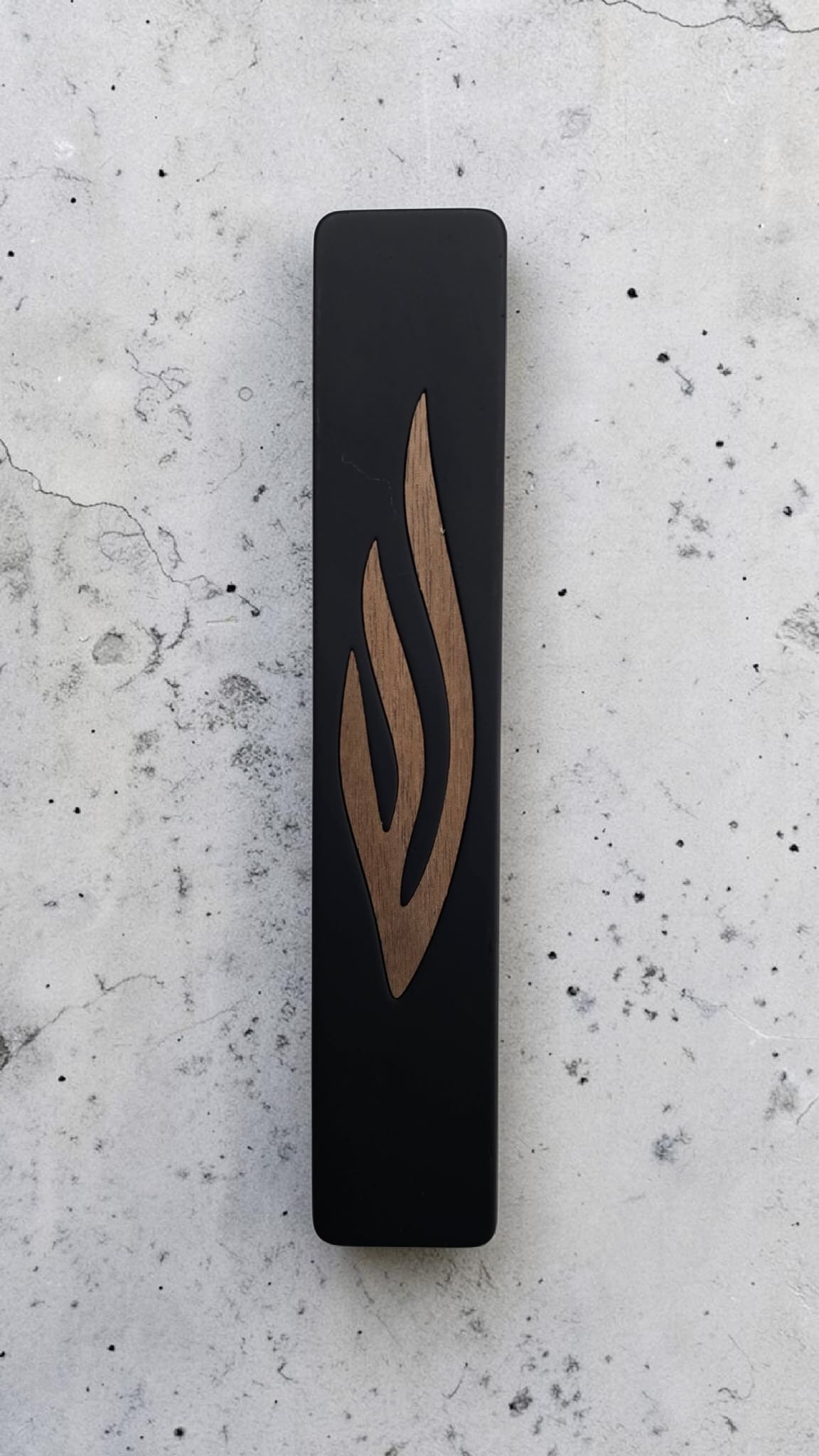 Modern Concrete Mezuzah Case- Black with Wood “Shin” Design