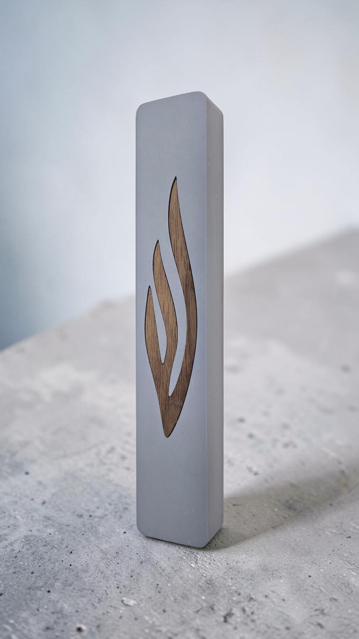 Modern Concrete Mezuzah Case- Gray with Wood “Shin” Design