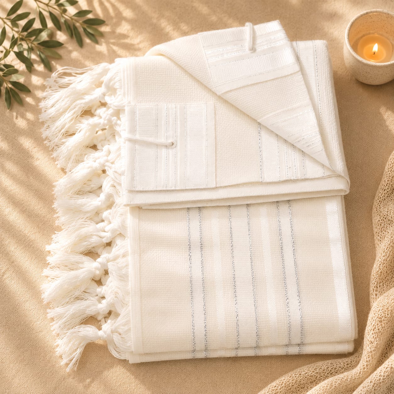 LAMENAZACH-Non-slip pure wool tallit- White&Silver stripes