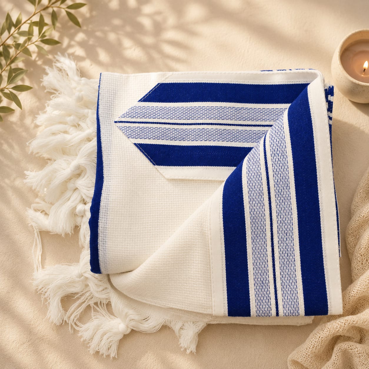 LAMENAZACH-Non-slip pure wool tallit- Blue stripes