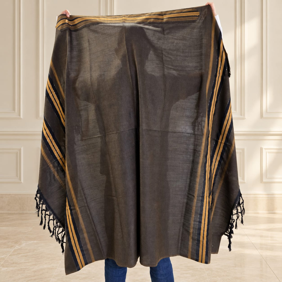 Brown Tallit with Gold and Black Stripes