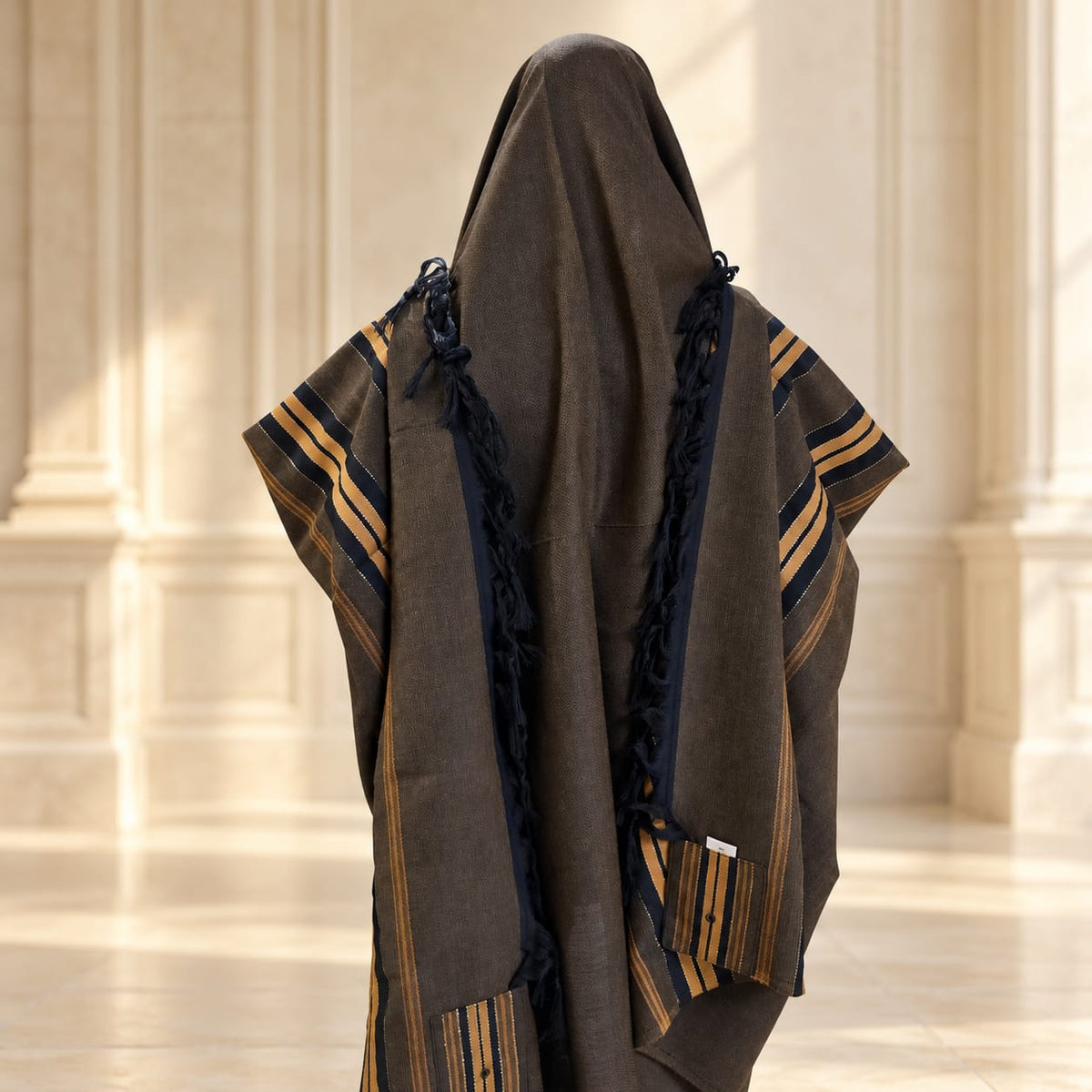 Brown Tallit with Gold and Black Stripes