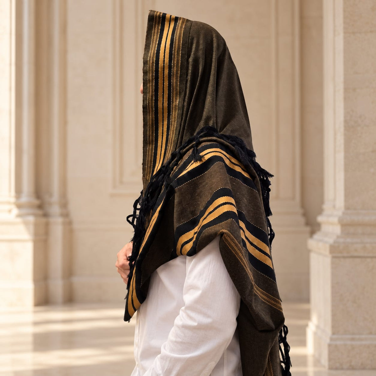 Brown Tallit with Gold and Black Stripes
