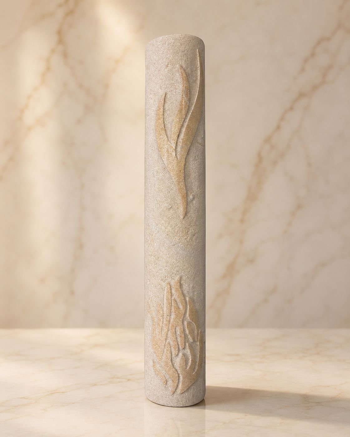 Handmade Jerusalem Stone Mezuzah – “Esh Sheli” Flame Logo Engraving