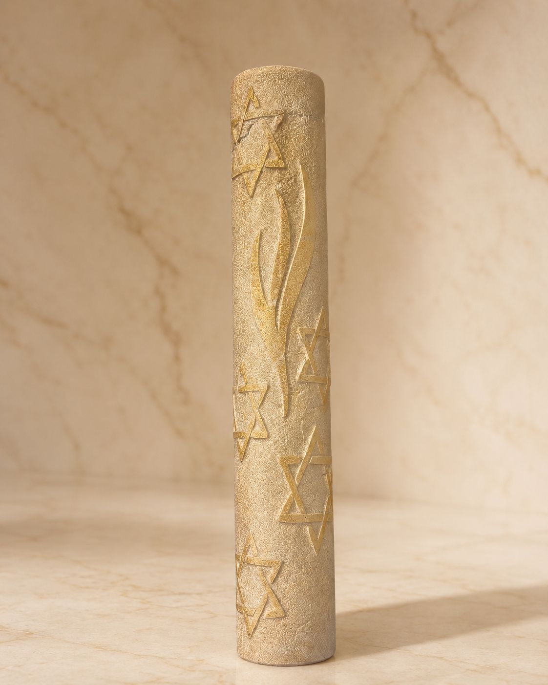 Jerusalem Stone Mezuzah Case – Shin & Stars of David Engraved Design