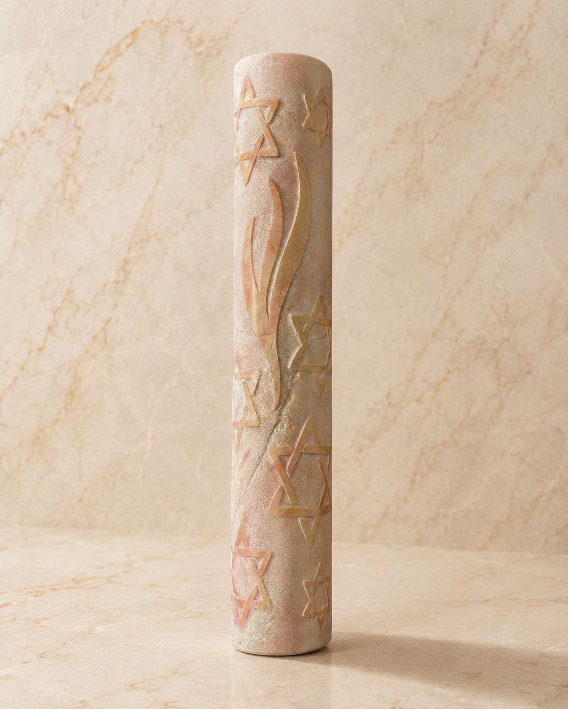 Jerusalem Stone Mezuzah Case – Shin & Stars of David Engraved Design