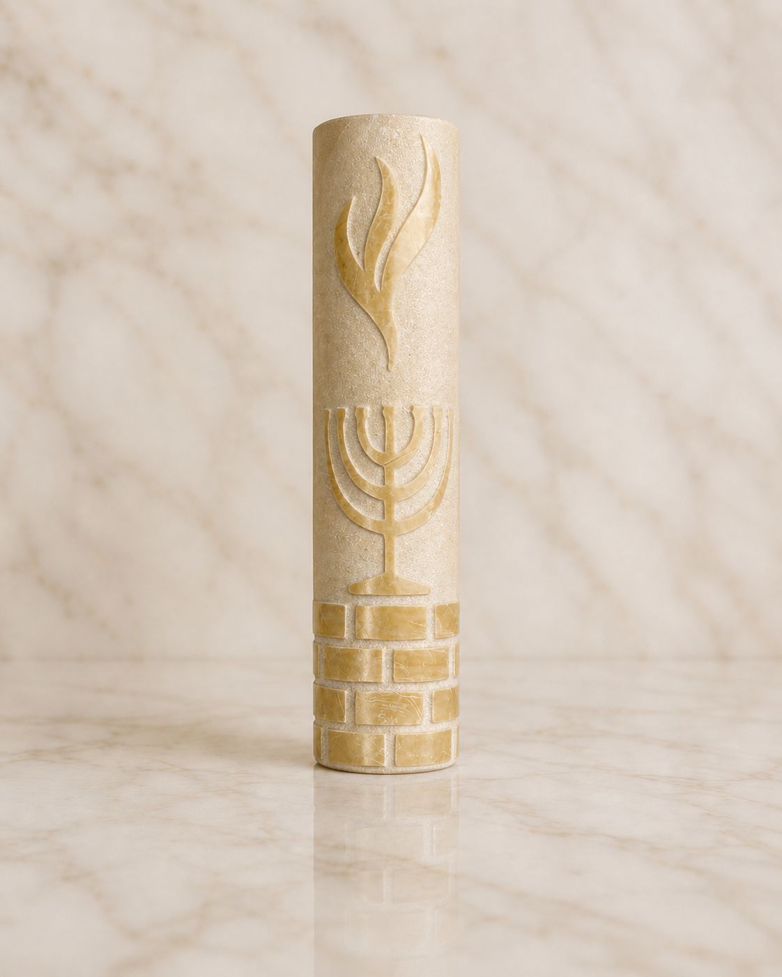 Jerusalem Stone Mezuzah Case – Shin & Menorah Engraved Design