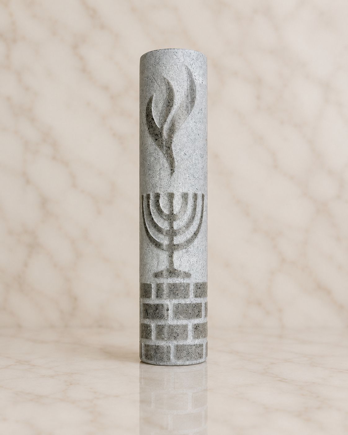 Jerusalem Stone Mezuzah Case – Shin & Menorah Engraved Design