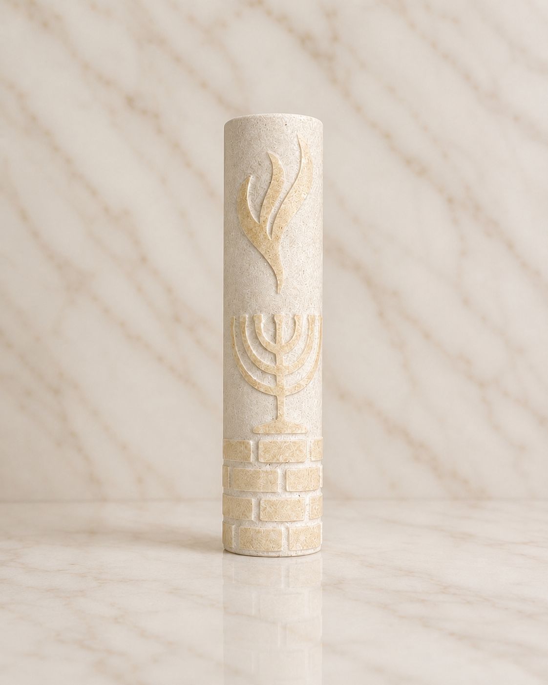 Jerusalem Stone Mezuzah Case – Shin & Menorah Engraved Design