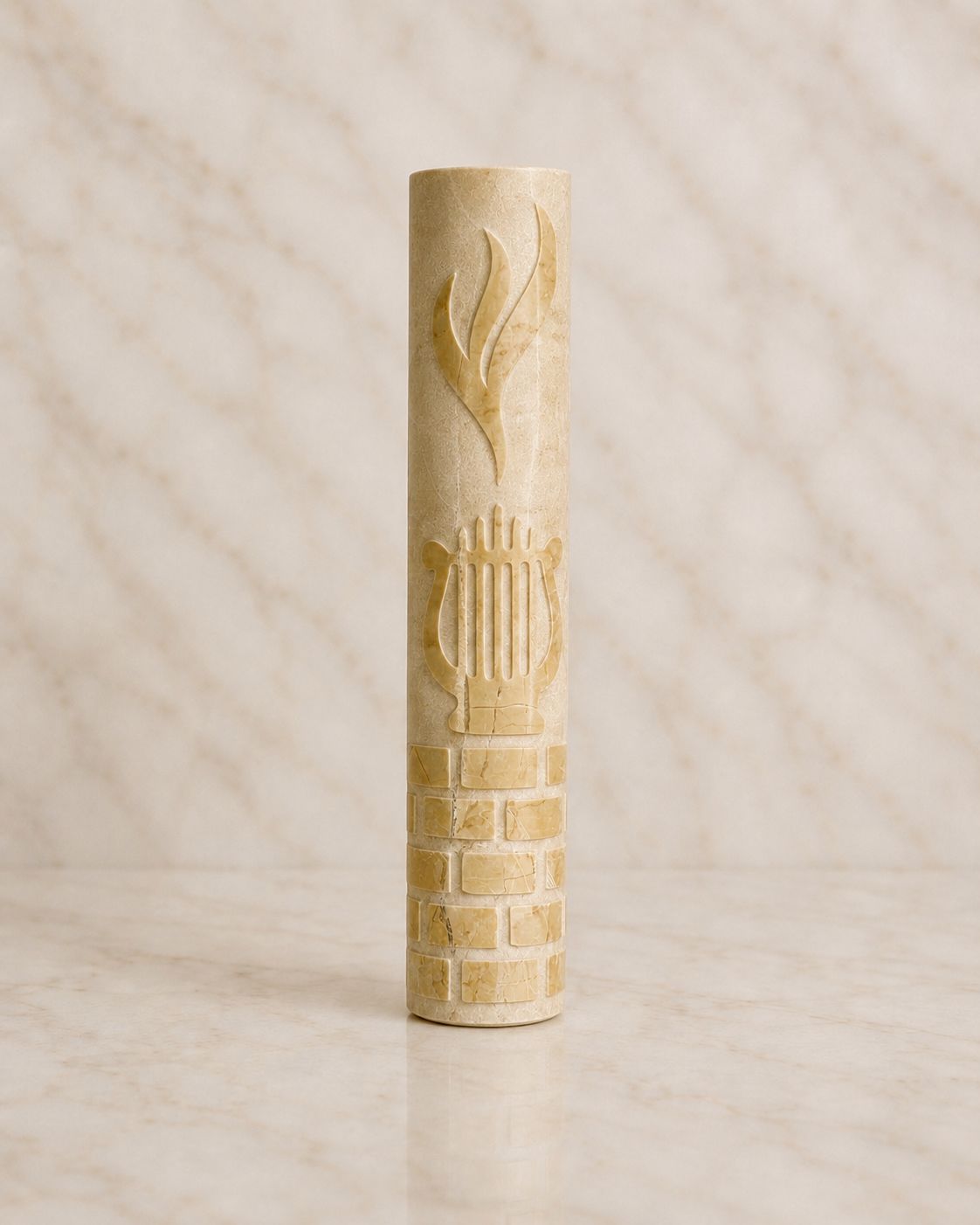 Jerusalem Stone Mezuzah Case – Shin & Harp Engraved Design