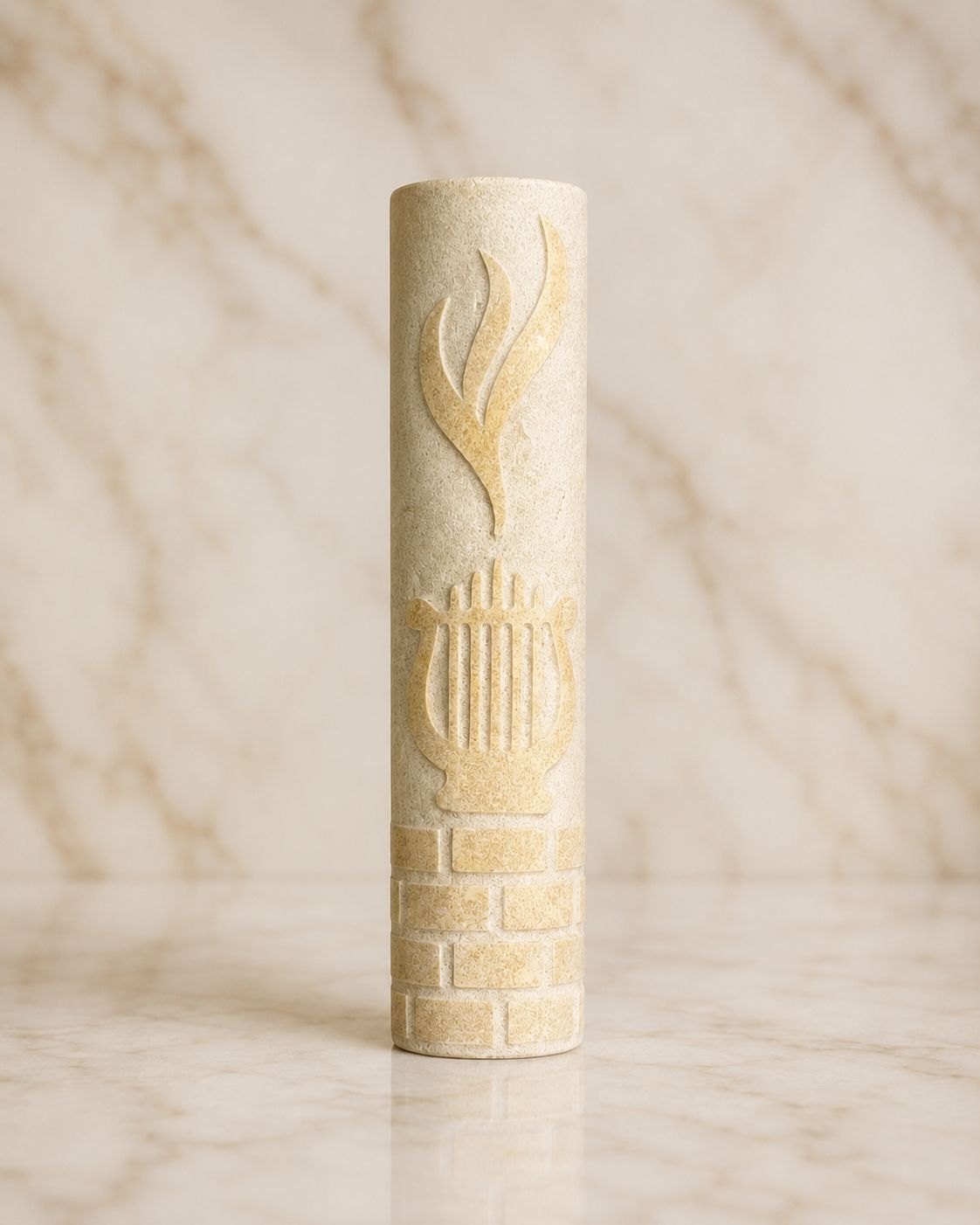 Jerusalem Stone Mezuzah Case – Shin & Harp Engraved Design