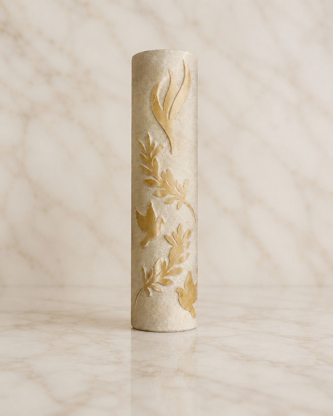 Jerusalem Stone Mezuzah Case – Shin, Dove & Olive Branch Engraved Design
