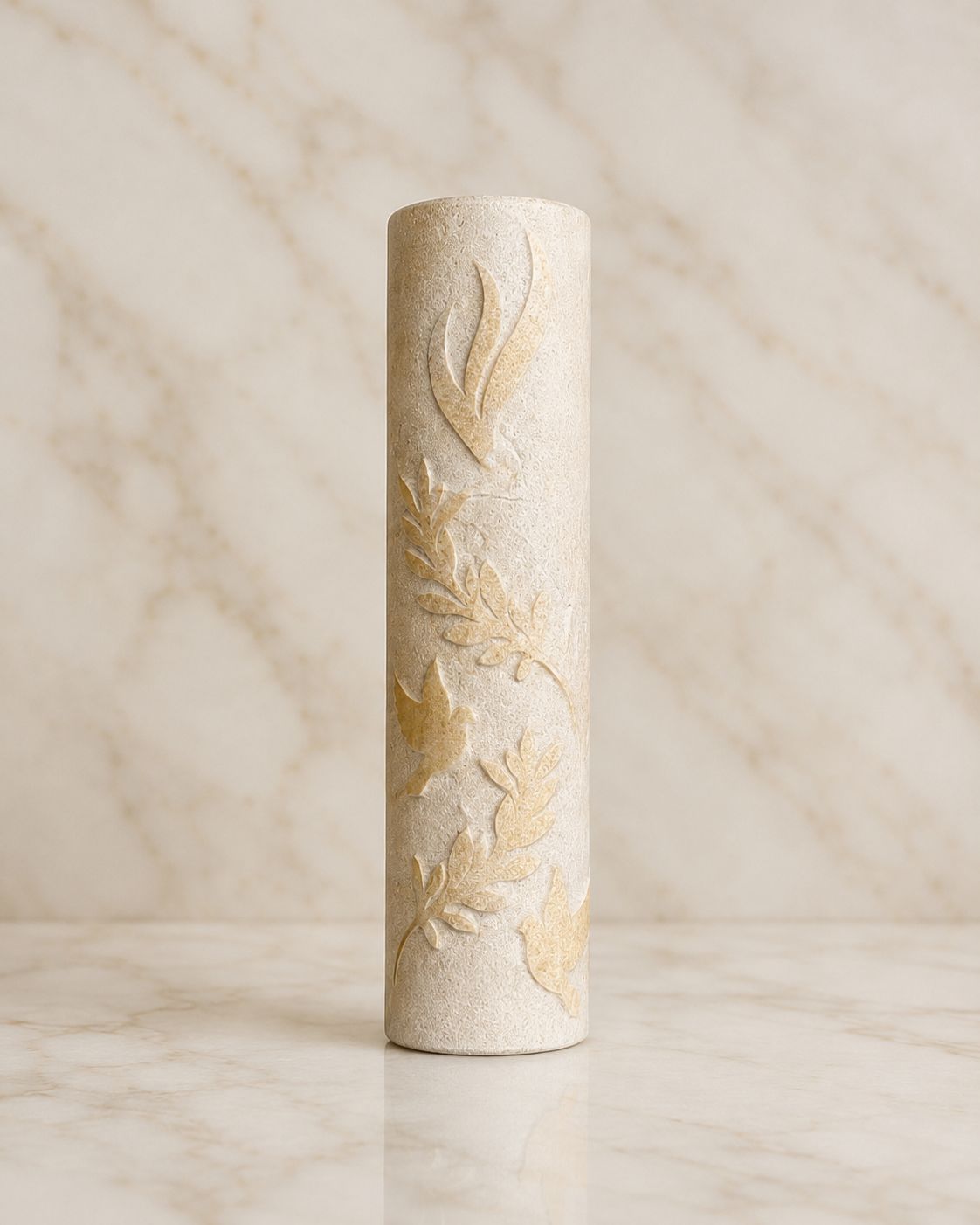 Jerusalem Stone Mezuzah Case – Shin, Dove & Olive Branch Engraved Design
