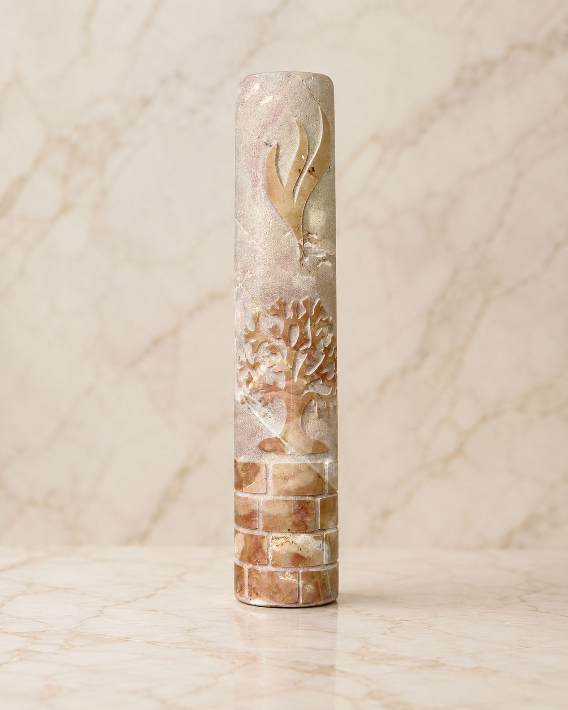 Rounded Jerusalem Stone Mezuzah Case – Shin & Tree of Life Engraved Design