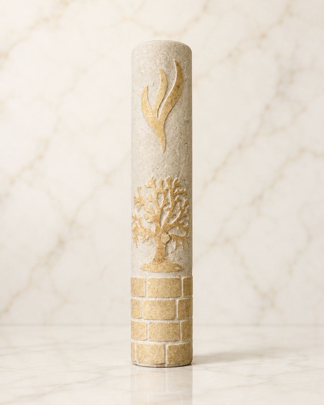 Rounded Jerusalem Stone Mezuzah Case – Shin & Tree of Life Engraved Design