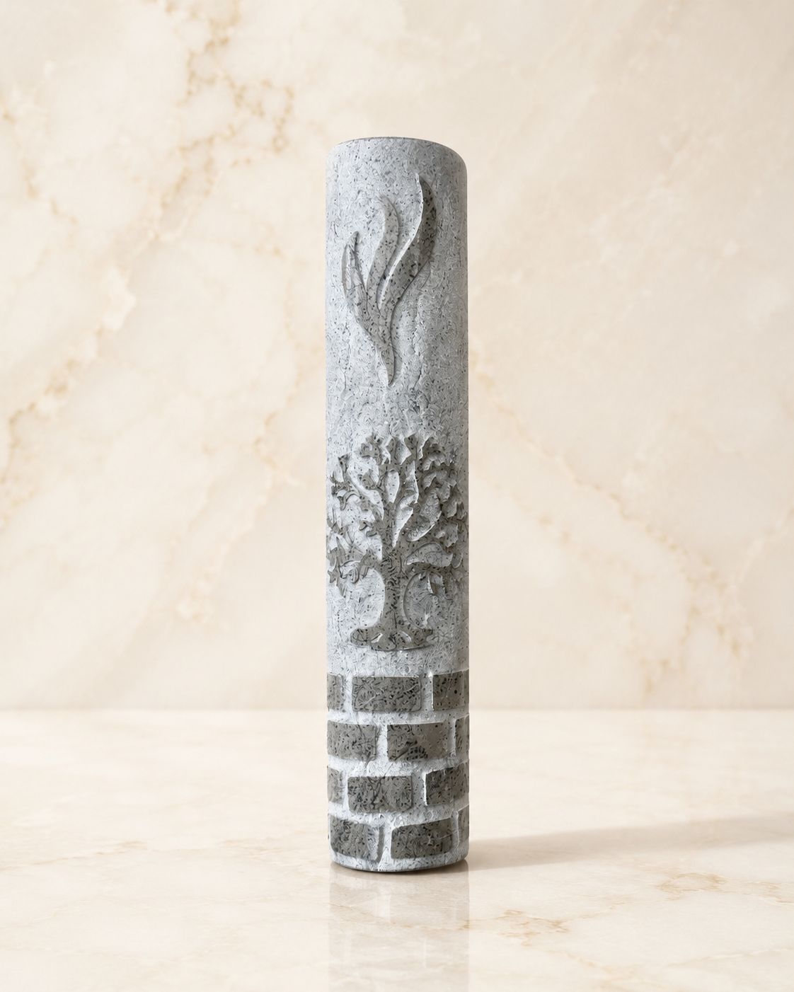 Rounded Jerusalem Stone Mezuzah Case – Shin & Tree of Life Engraved Design