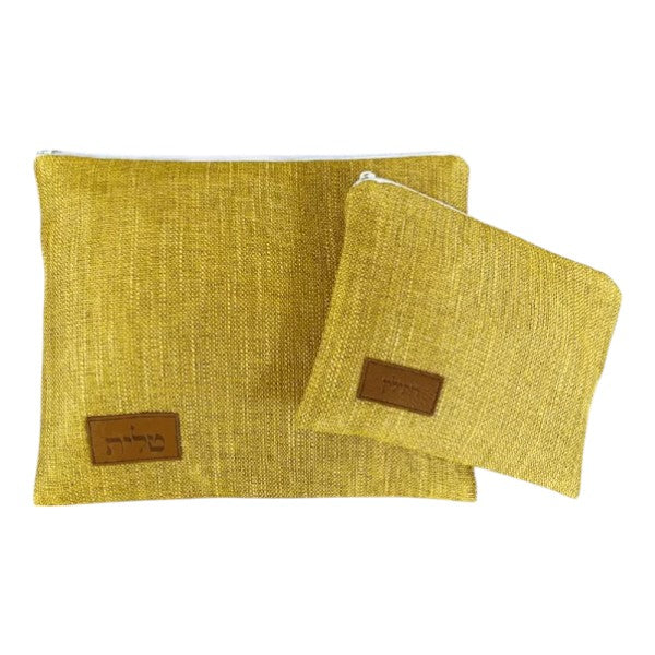 Handmade Linen Tallit & Tefillin Bag Set – Yellow with Embossed Leather Patch