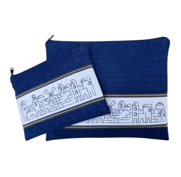 Handmade Linen Tallit & Tefillin Bag Set – Blue with Embroidered Jerusalem Walls Stripe