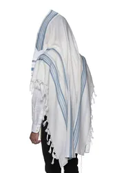 LAMENAZACH-Non-slip pure wool tallit-Light blue stripes