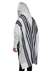 MOOSAF- Non-Slip Fancy pure wool tallit- Navy Blue stripes