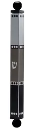 Modern, narrow mezuzah case decorated with black and grey colorblock design