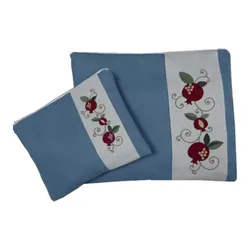 Tallit and Tefillin bag set, light blue pomegranate stripe