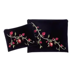 Tallit and Tefillin bag set, blue velvet, pomegranates, colorful diagonal