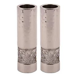 Round Candlesticks + Metal Cutout Jerusalem - Hammerwork + Silver