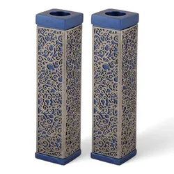 Tall Square Candlesticks + Metal Cutout - Blue