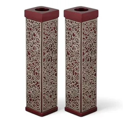 Tall Square Candlesticks + Metal Cutout - Maroon