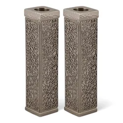 Tall Square Candlesticks + Metal Cutout - Hammer Work + Silver