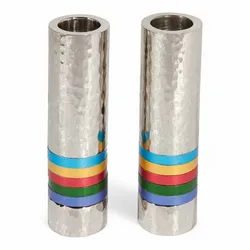 Cylinder Candlesticks - Hammer Work + Rings - Multicolor
