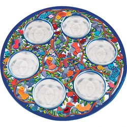 Pessach Seder Plate - Aluminium Hand Painted + Six Bowls - Birds