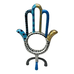 Hand-painted metal hamsa stand coated with enamel