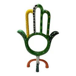 Hand-painted metal hamsa stand coated with enamel