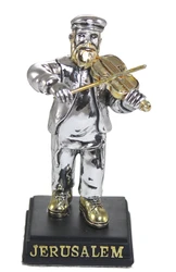 Silvered Polyresin Hassidic Figurine Stands On Stage - Fiddler