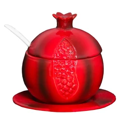 Ceramic Honey Dish- Pomegranate, Red With White Spoon